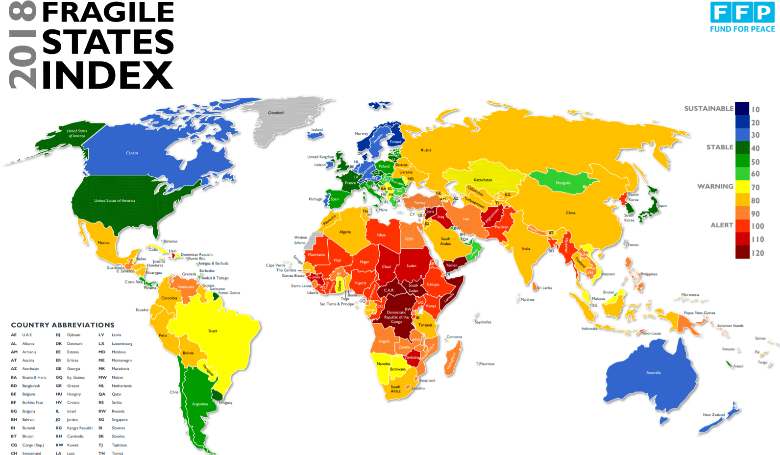 Карта стран мира по уровню слабости государства