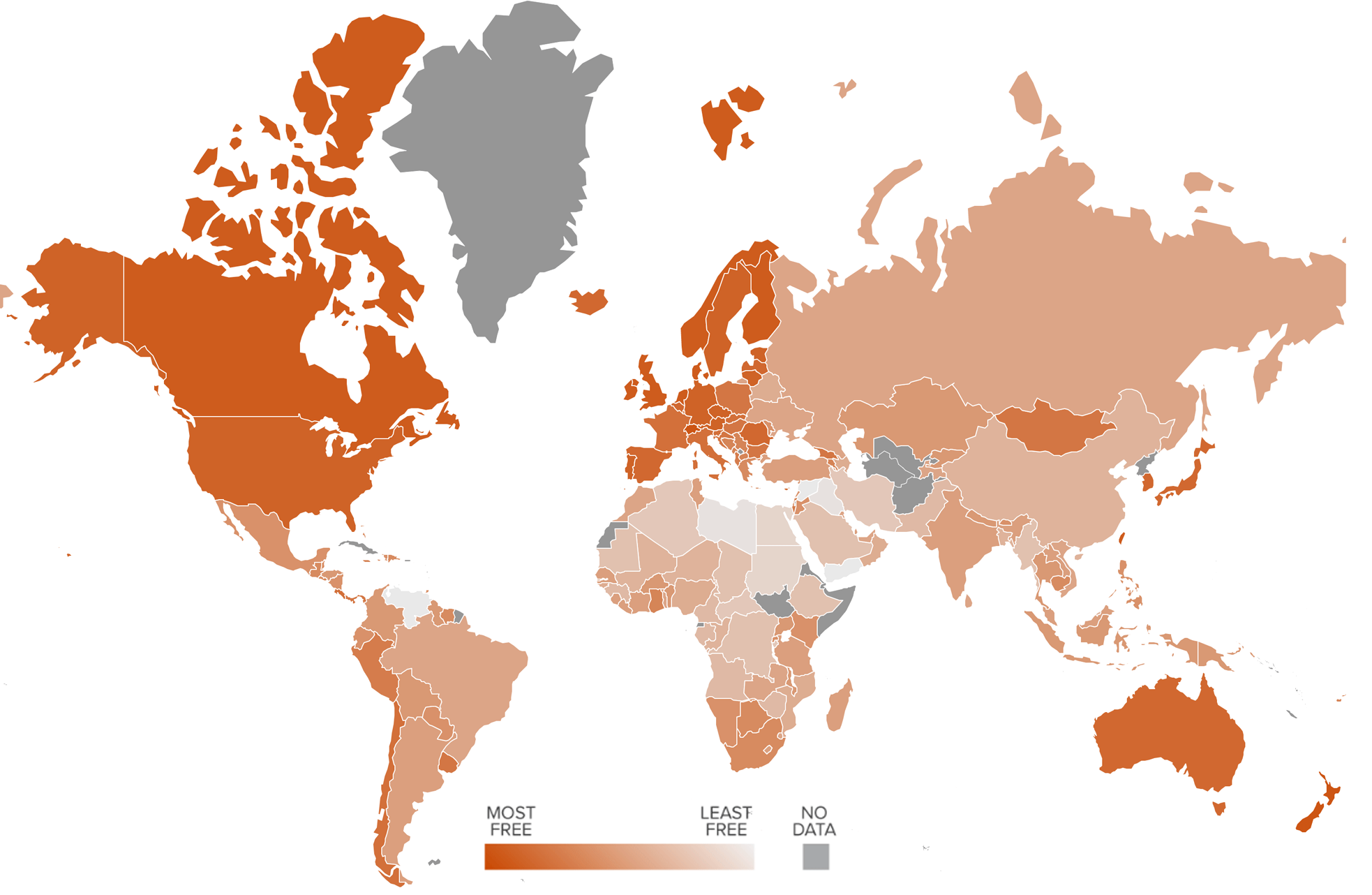 Карта стран мира по уровню свободы человека