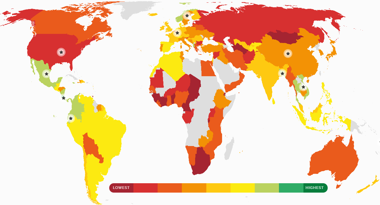 Карта стран по уровню счастья 2016