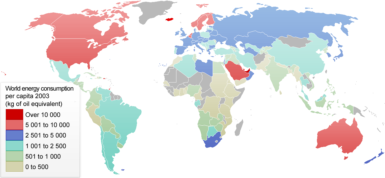 Карта стран по уровню потребления электроэнергии на душу