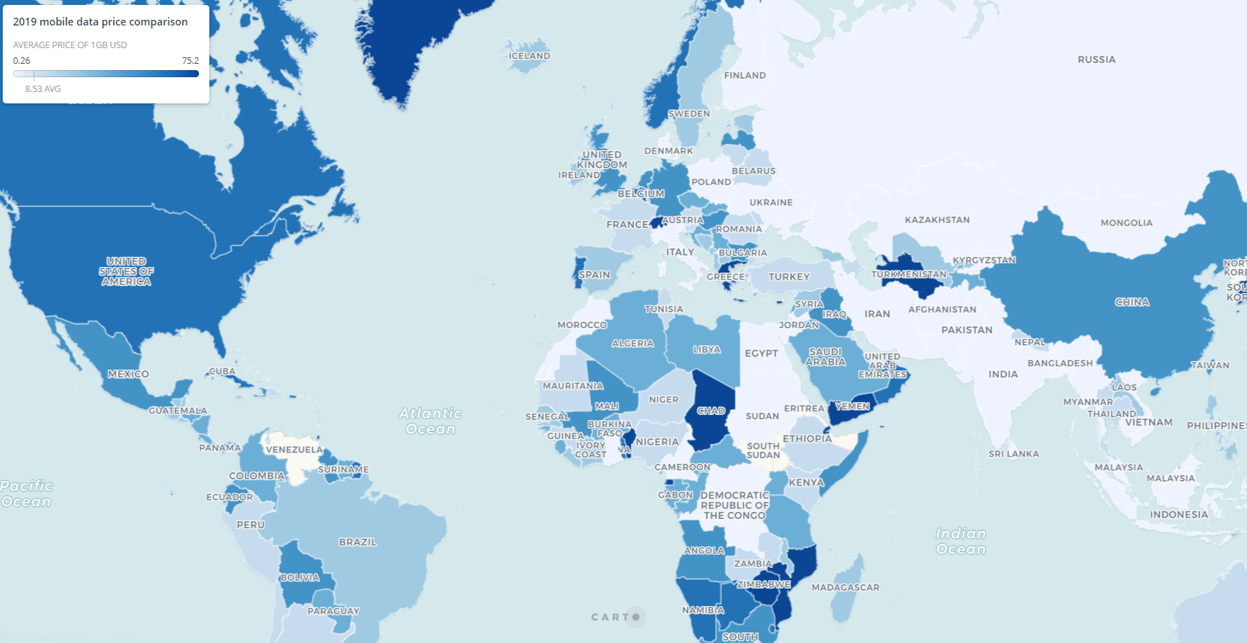 Карта стран по стоимости Интернета