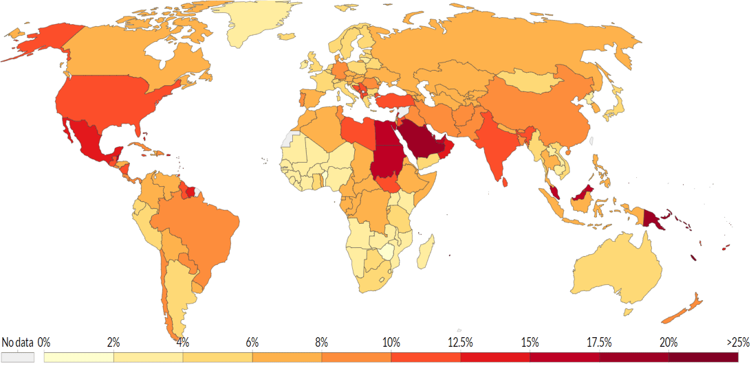 Карта стран мира по распространенности диабета