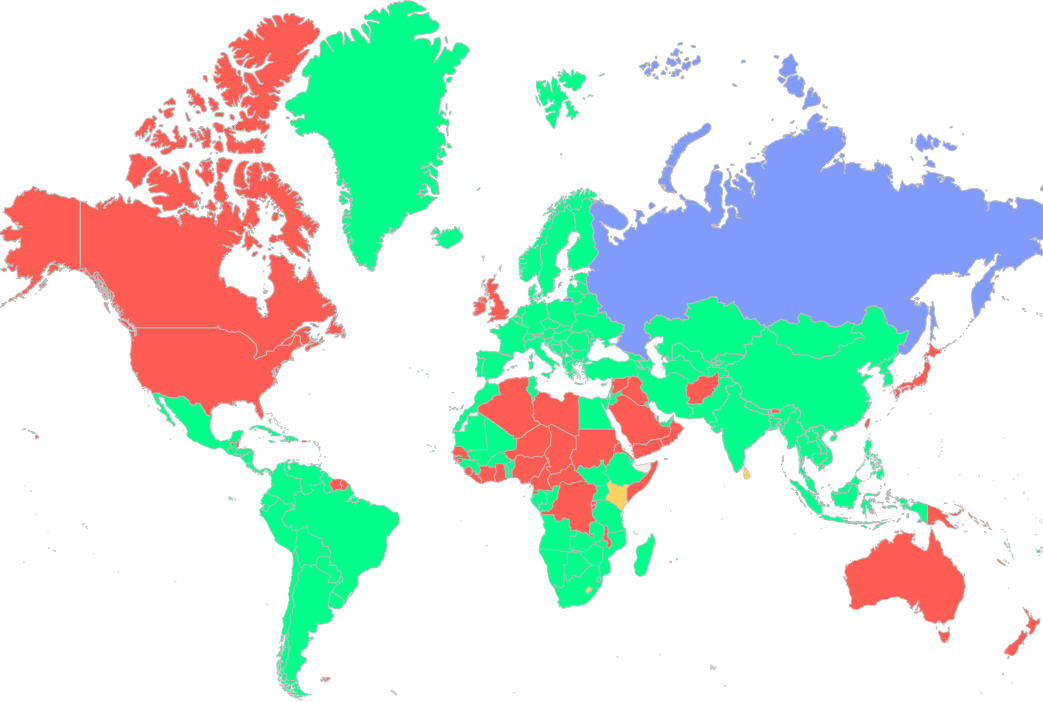 Карта стран для посещения с дипломатическим паспортом РФ