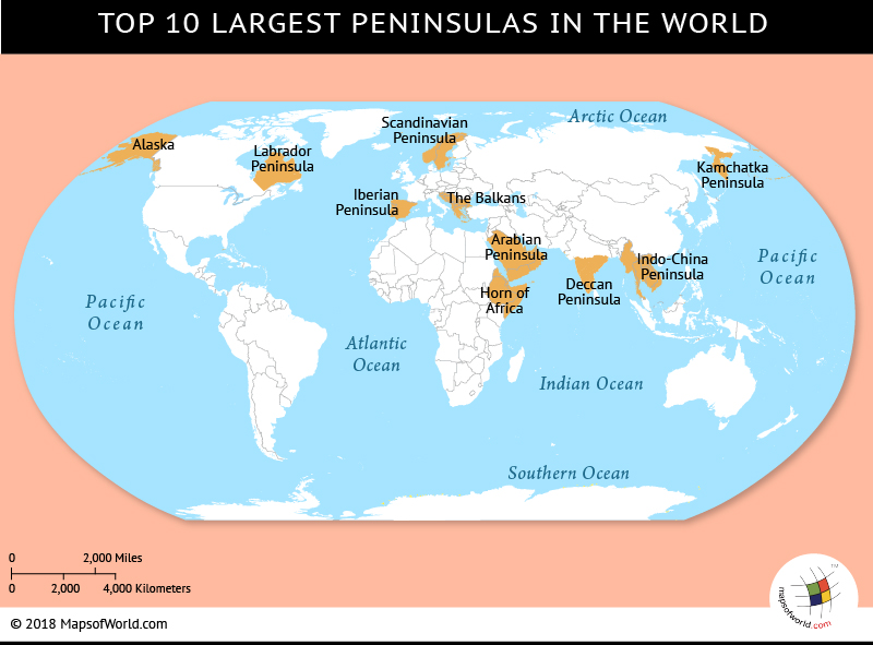Карта самых крупных полуостровов в мире