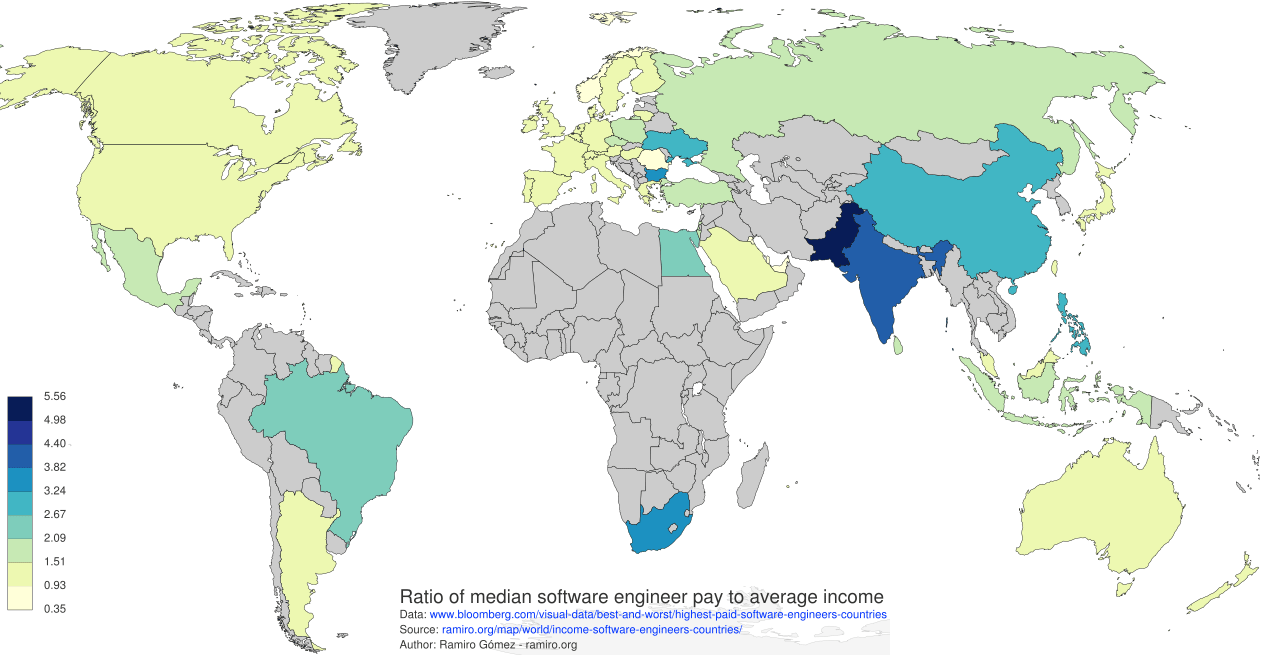 Карта мира зарплаты программистов по странам