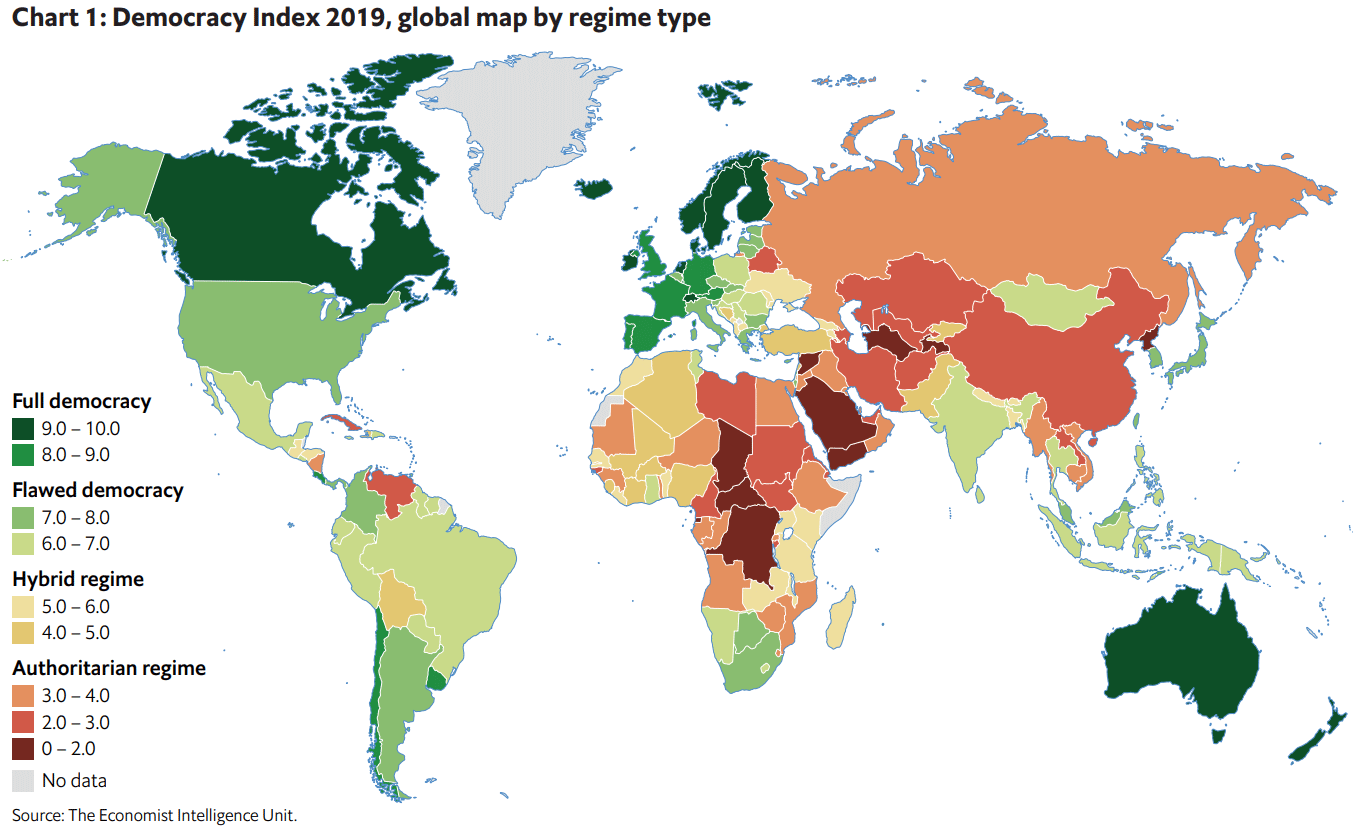 Карта стран мира по уровню демократии 2019