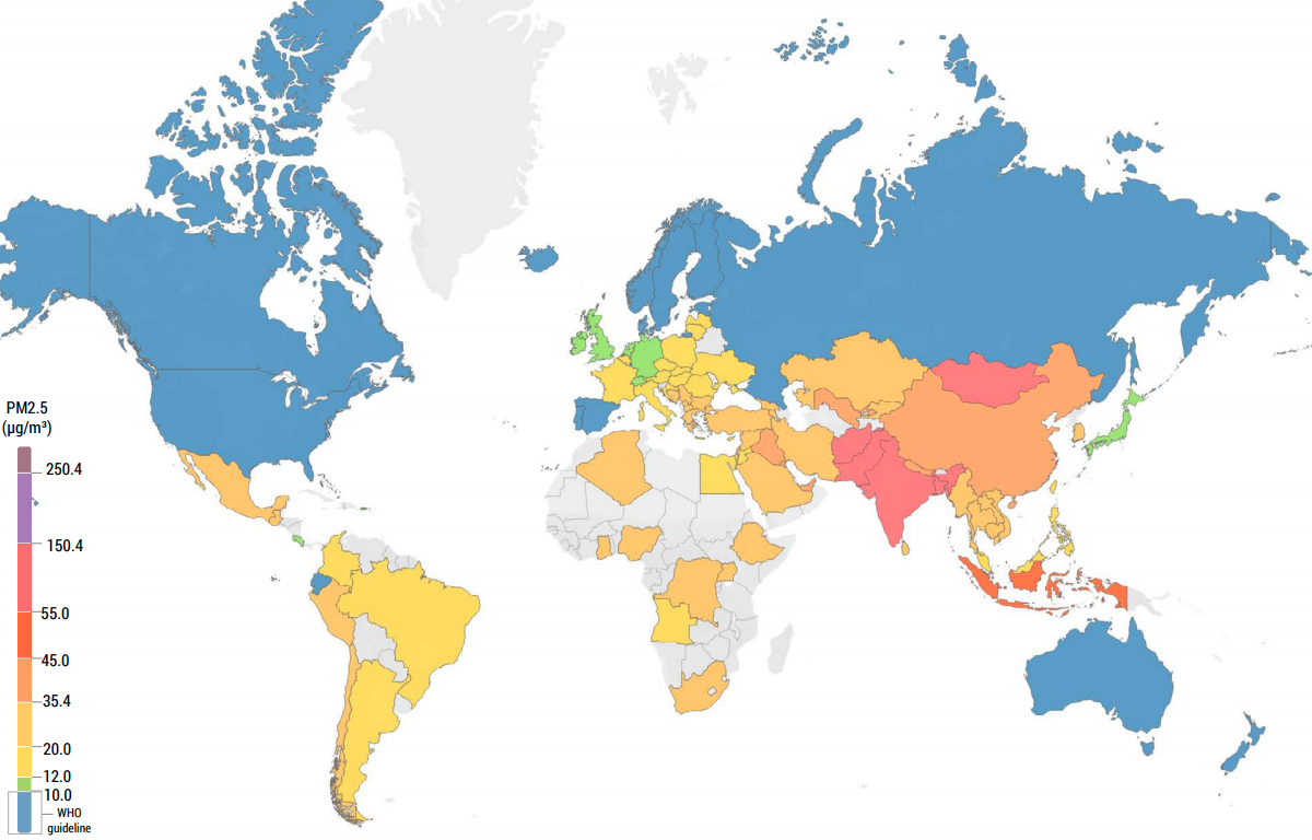 Карта качества воздуха в мире по странам