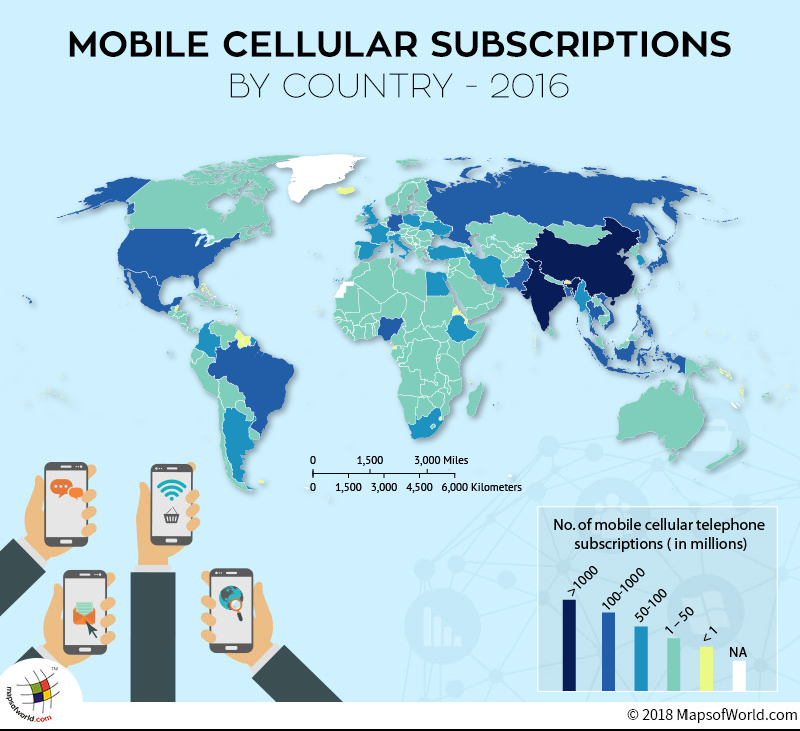 Карта стран по количеству пользователей мобильных телефонов