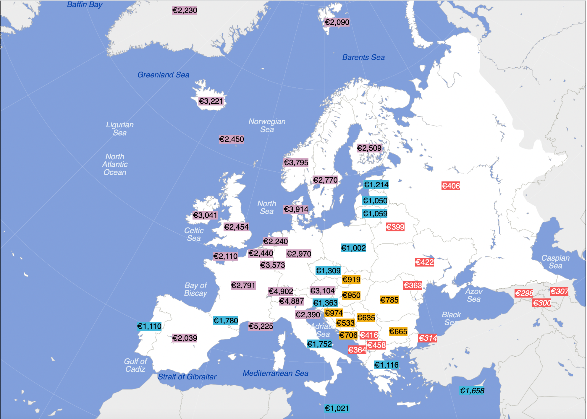 Карта стран Европы по уровню средней зарплаты