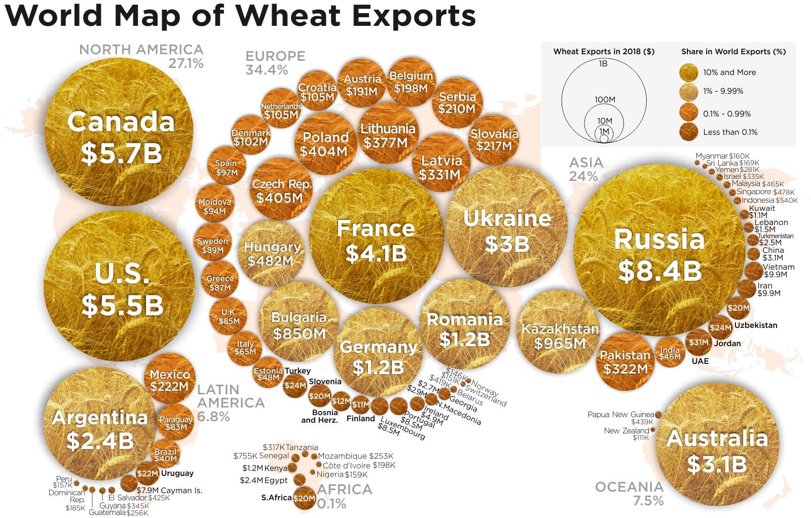 Карта стран по уровню экспорта пшеницы в мире